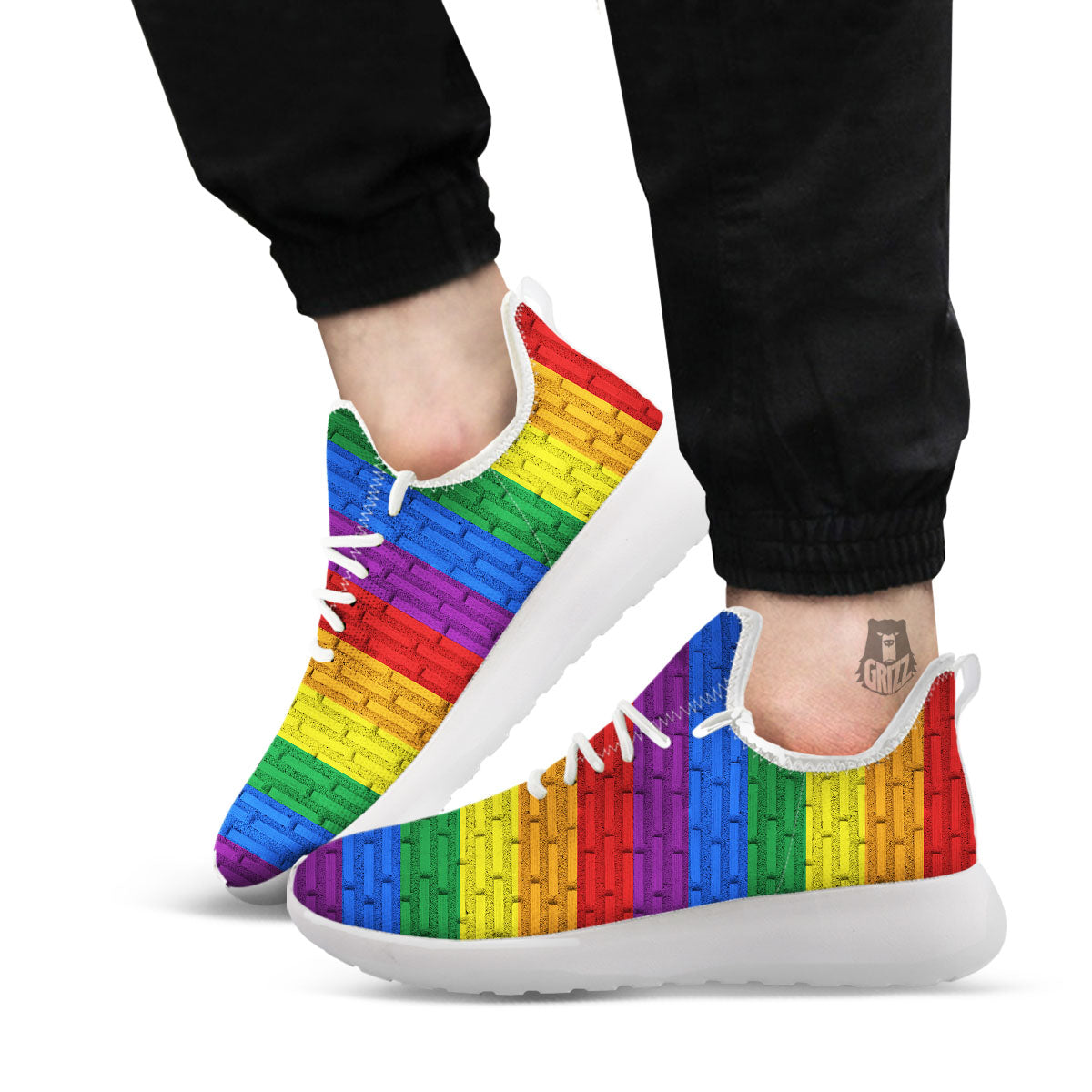 Rainbow Brick Wall LGBT Pride Print White Athletic Shoes-grizzshop