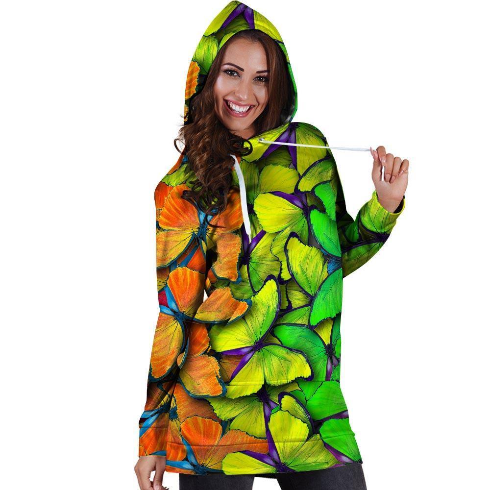 Rainbow Butterfly Print Hoodie Dress-grizzshop