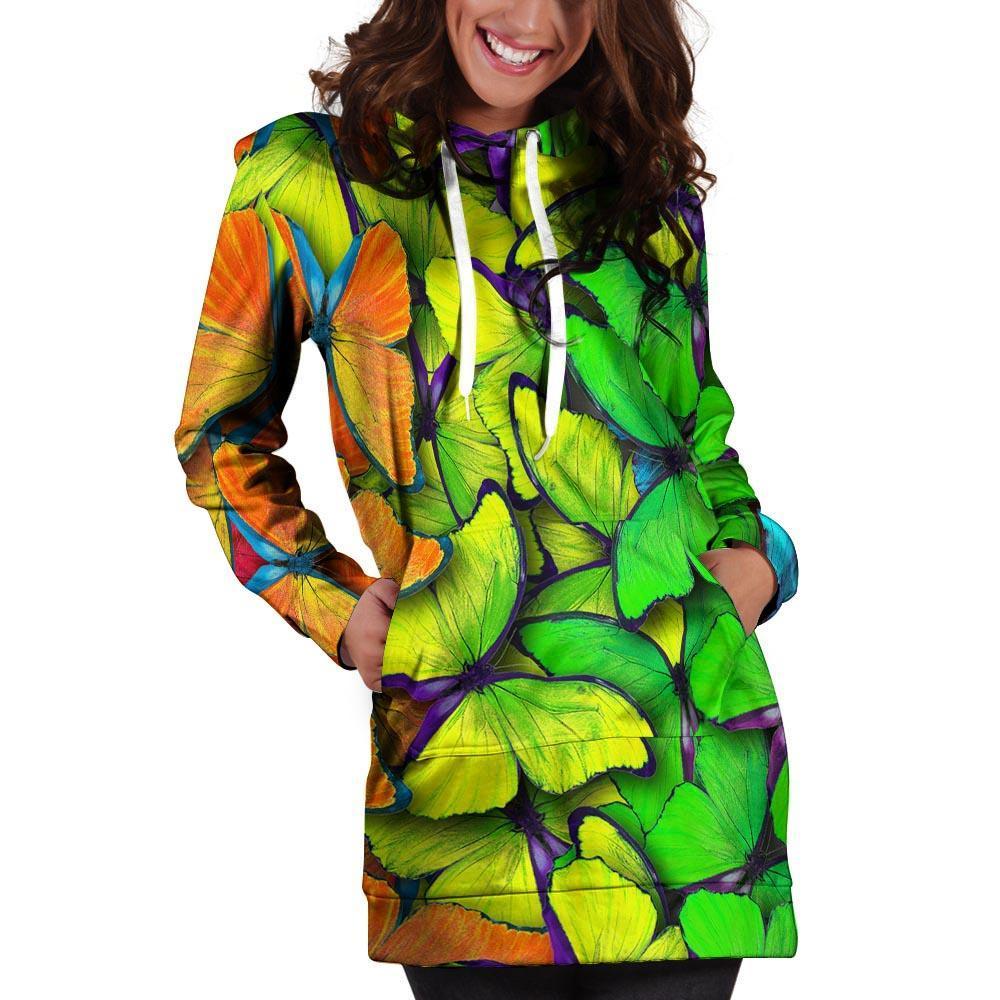 Rainbow Butterfly Print Hoodie Dress-grizzshop