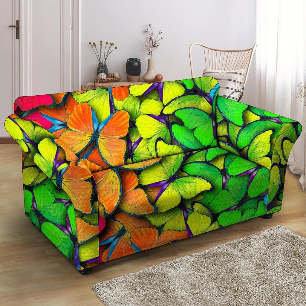 Rainbow Butterfly Print Loveseat Cover-grizzshop