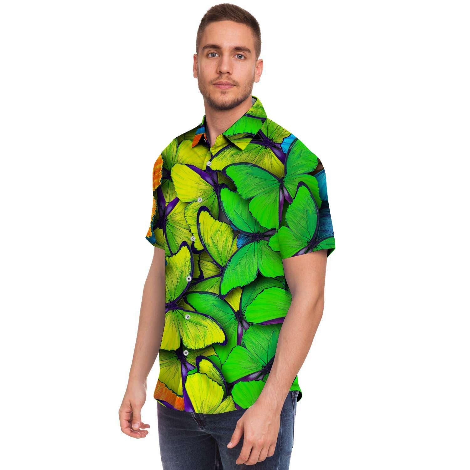 Rainbow Butterfly Print Men's Short Sleeve Shirt-grizzshop