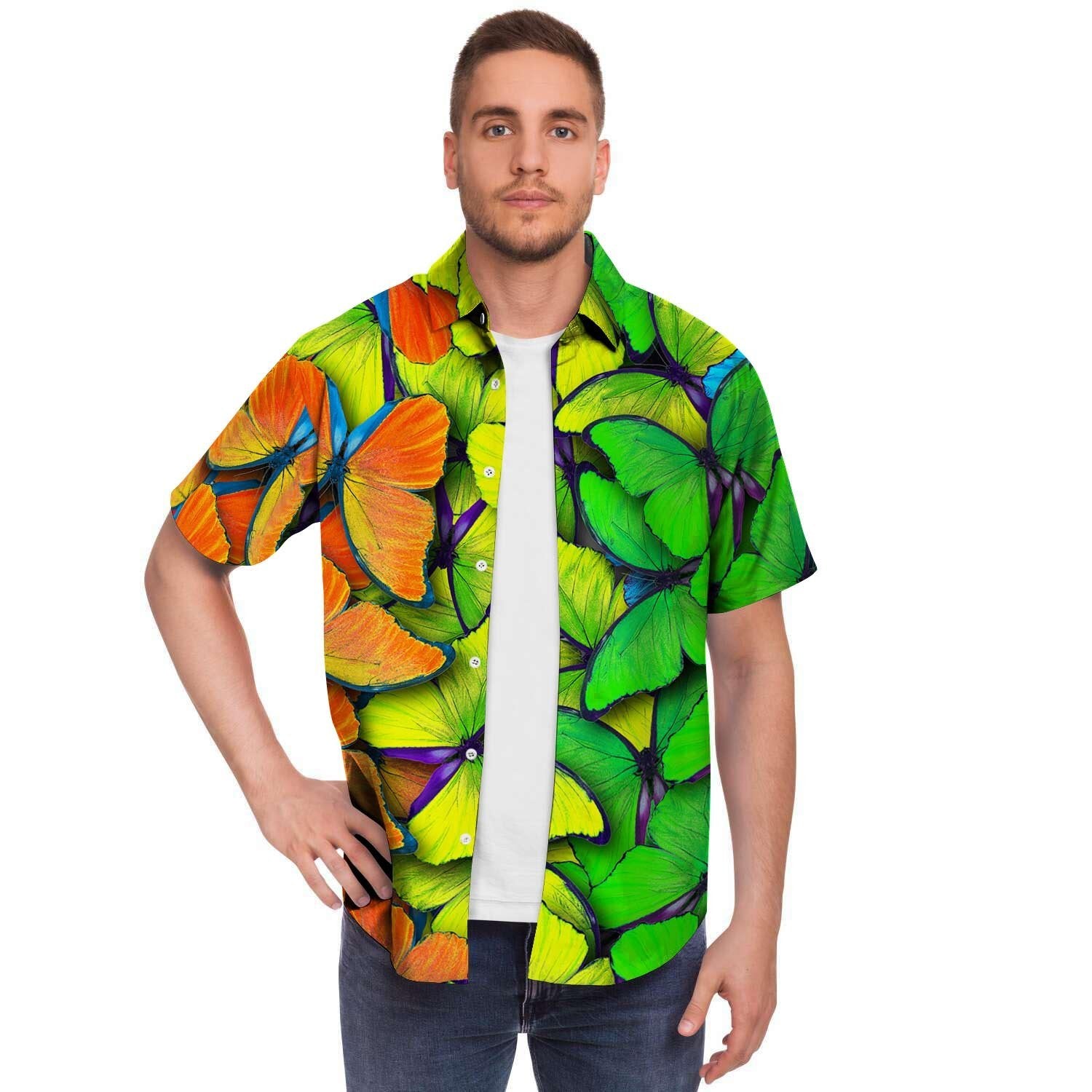 Rainbow Butterfly Print Men's Short Sleeve Shirt-grizzshop
