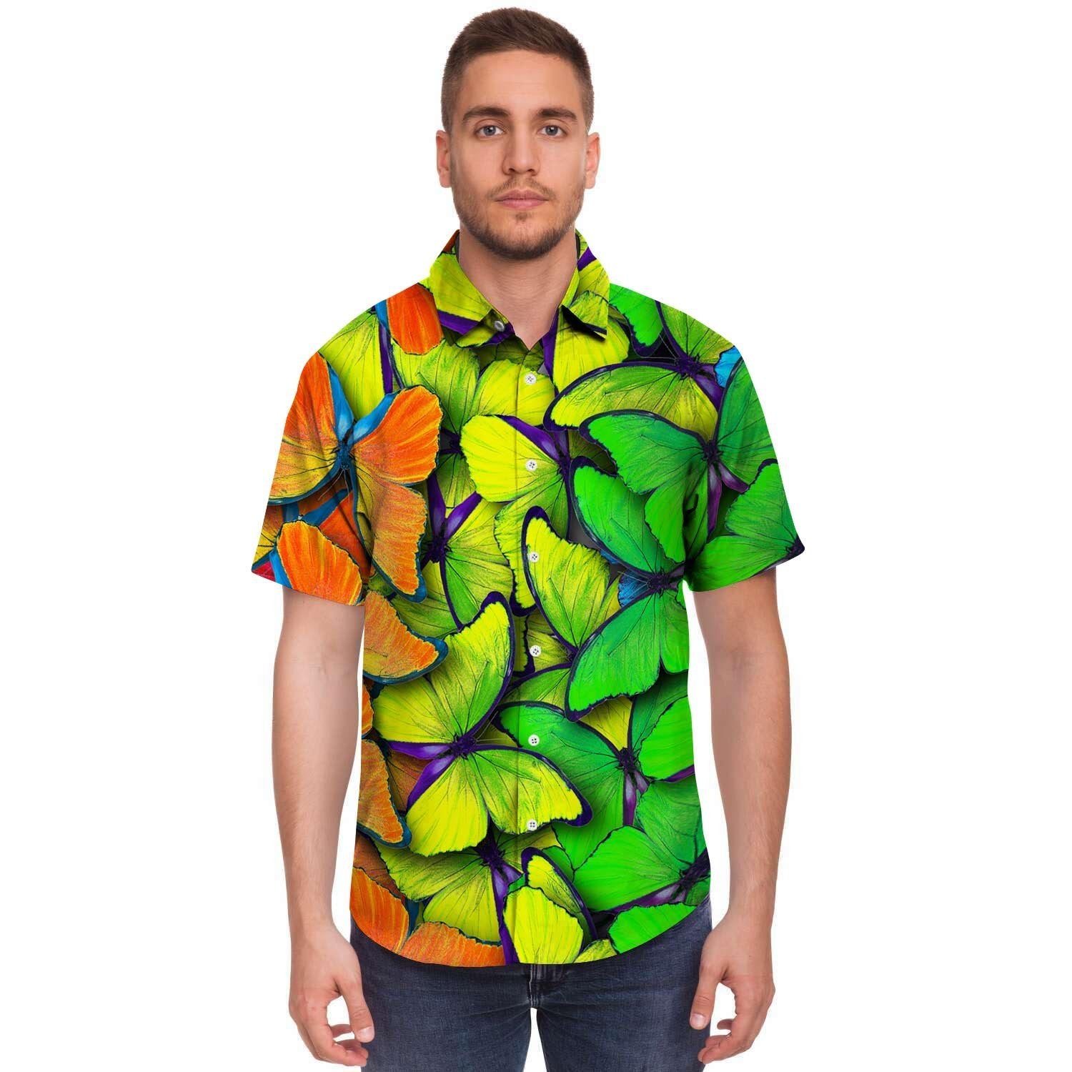 Rainbow Butterfly Print Men's Short Sleeve Shirt-grizzshop