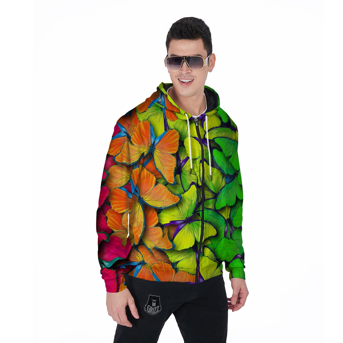 Rainbow Butterfly Print Men's Zip Up Hoodie-grizzshop