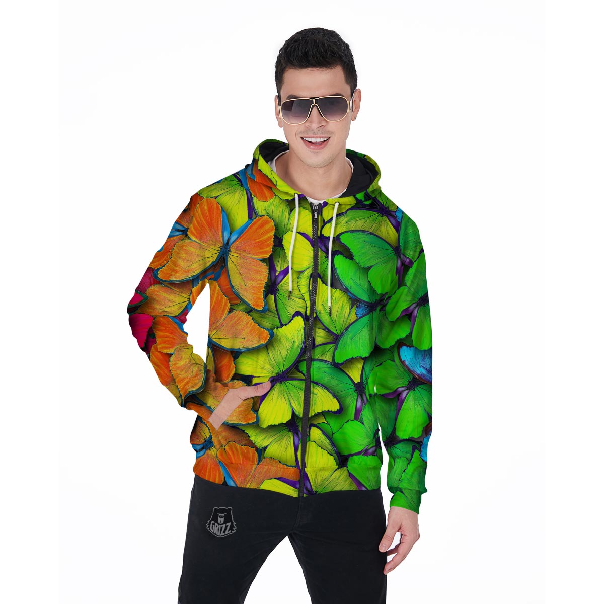 Rainbow Butterfly Print Men's Zip Up Hoodie-grizzshop