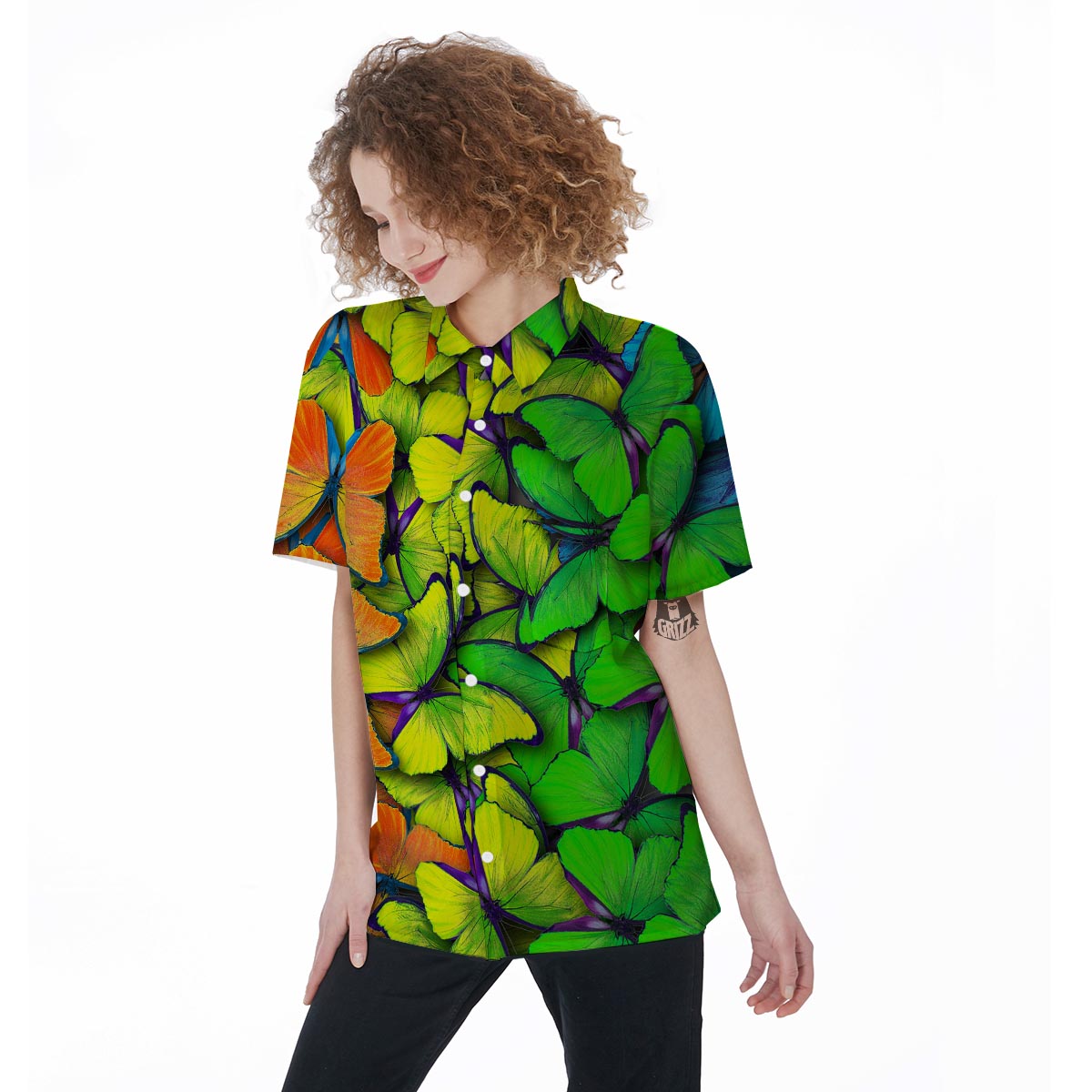 Rainbow Butterfly Print Women's Short Sleeve Shirts-grizzshop