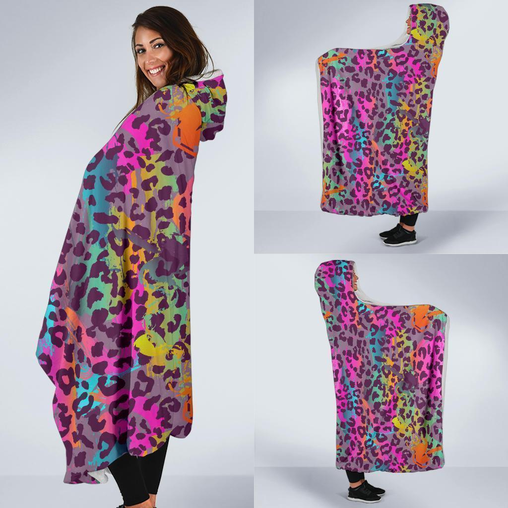 Rainbow Cheetah Leopard Pattern Print Hooded Blanket-grizzshop