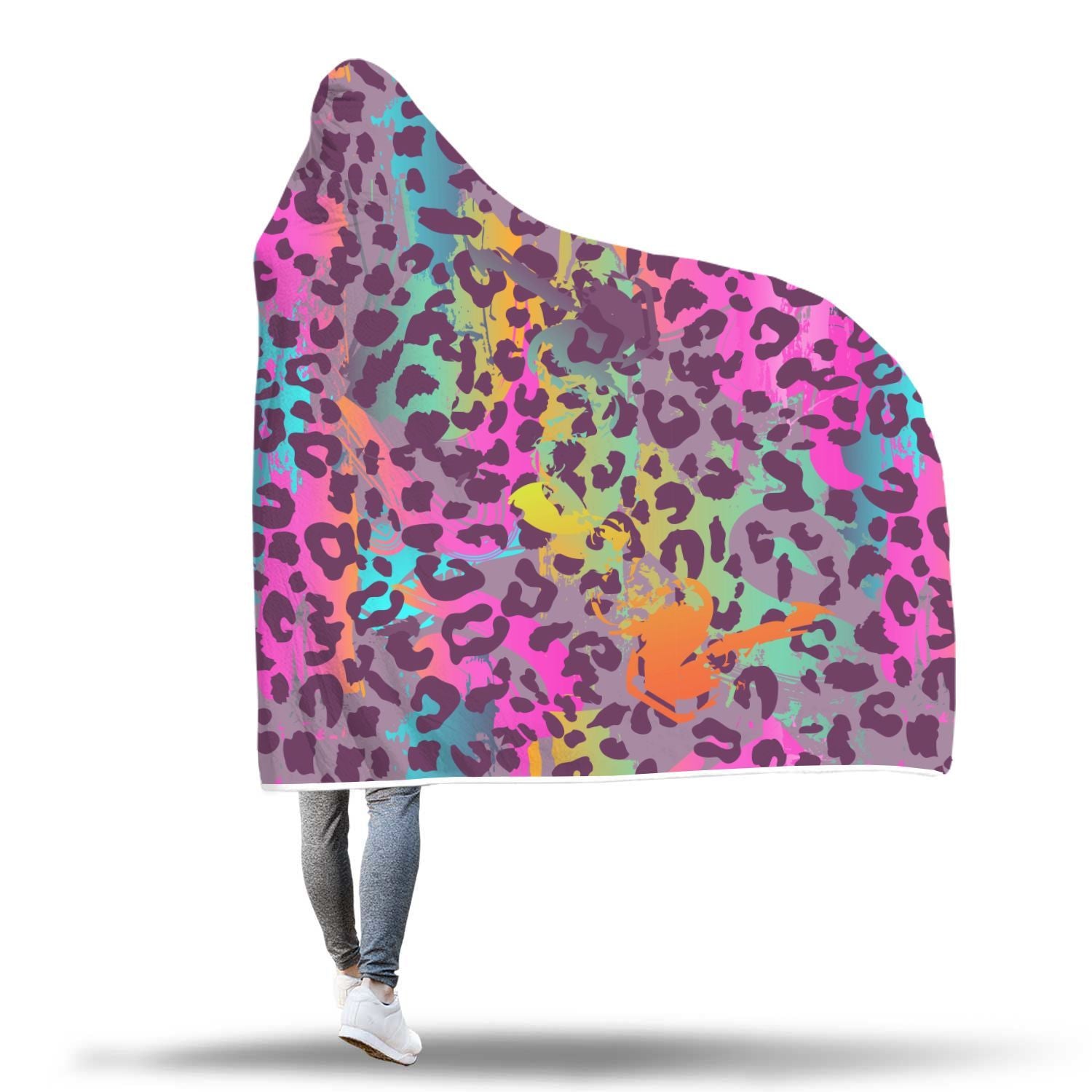 Rainbow Cheetah Leopard Pattern Print Hooded Blanket-grizzshop