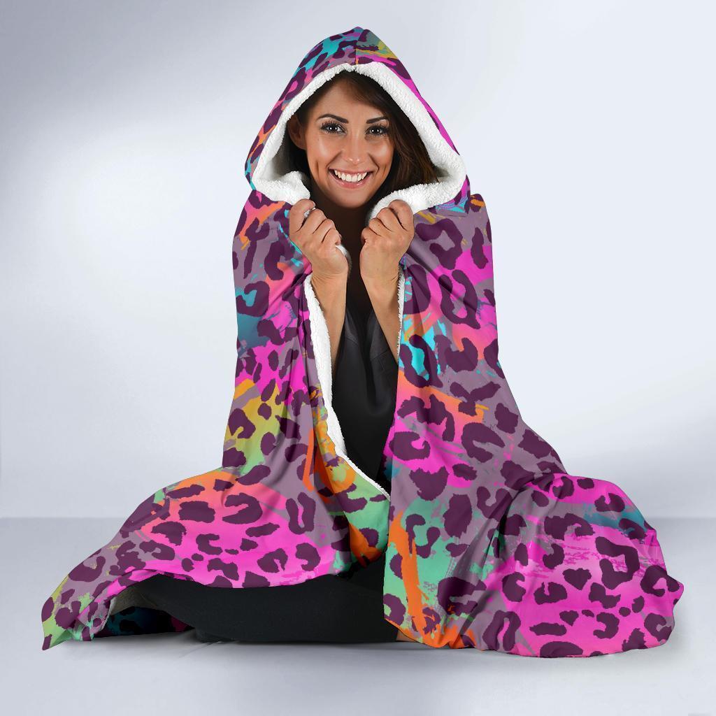 Rainbow Cheetah Leopard Pattern Print Hooded Blanket-grizzshop