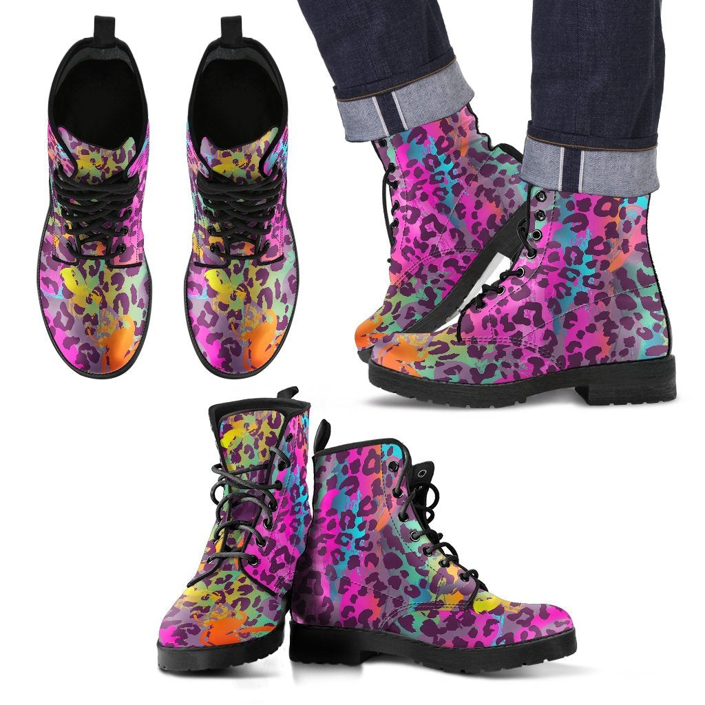 Rainbow Cheetah Leopard Pattern Print Men Women Leather Boots-grizzshop