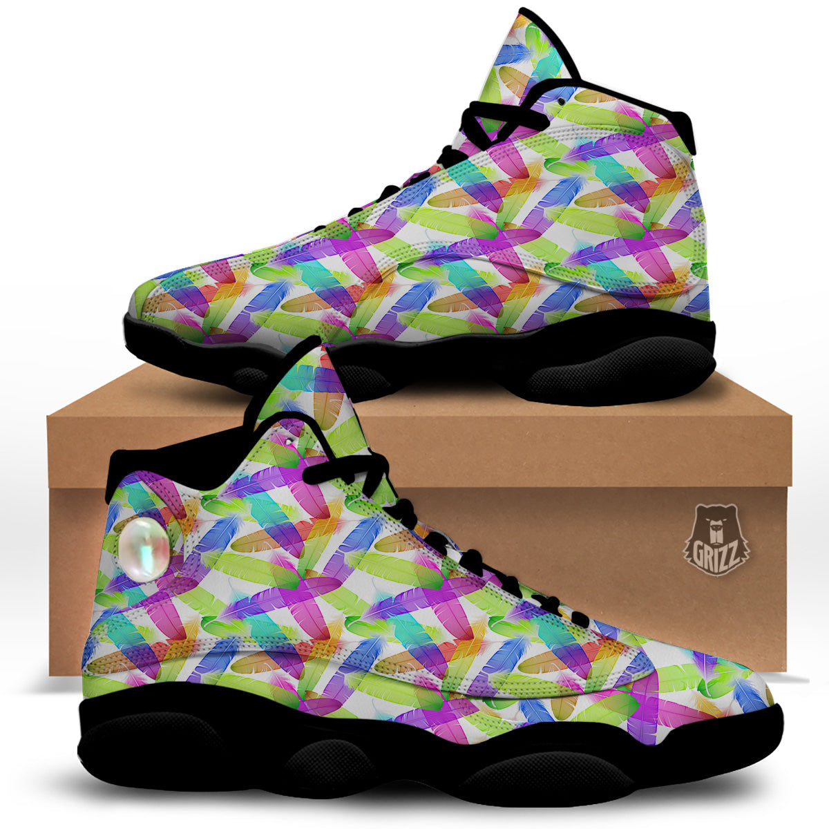Rainbow Color Feather Print Pattern Black Basketball Shoes-grizzshop