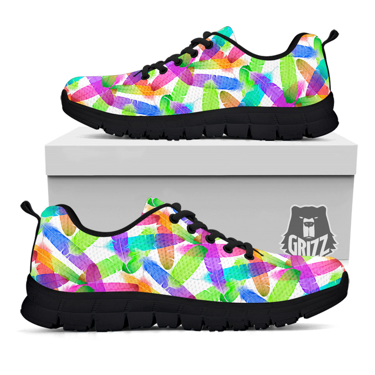 Rainbow Color Feather Print Pattern Black Sneaker-grizzshop