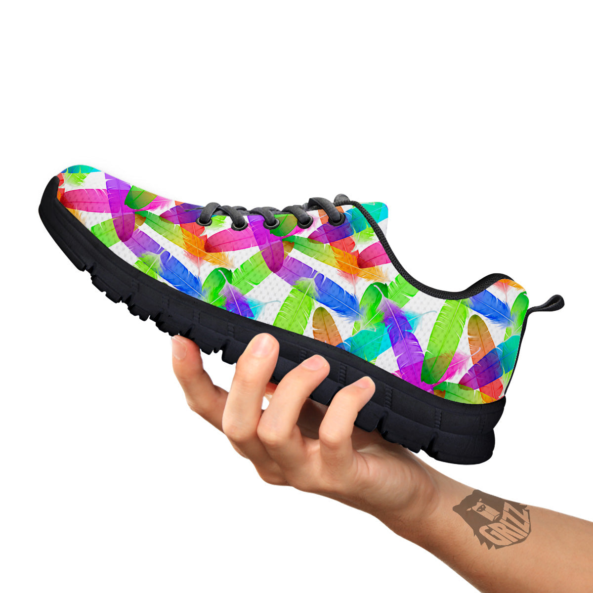 Rainbow Color Feather Print Pattern Black Sneaker-grizzshop
