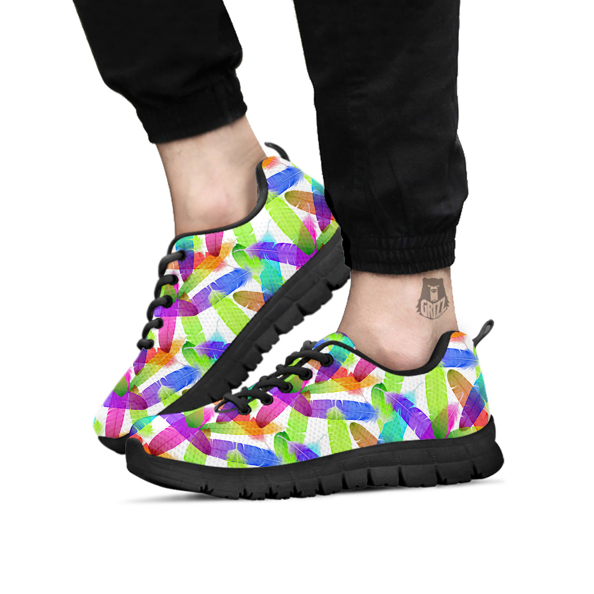Rainbow Color Feather Print Pattern Black Sneaker-grizzshop