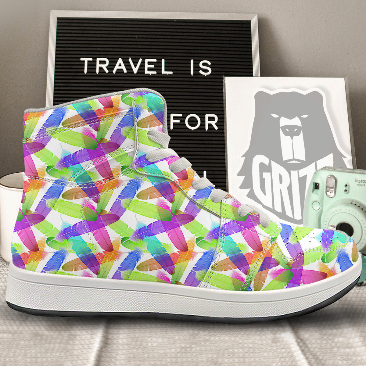 Rainbow Color Feather Print Pattern High Top Sneakers-grizzshop