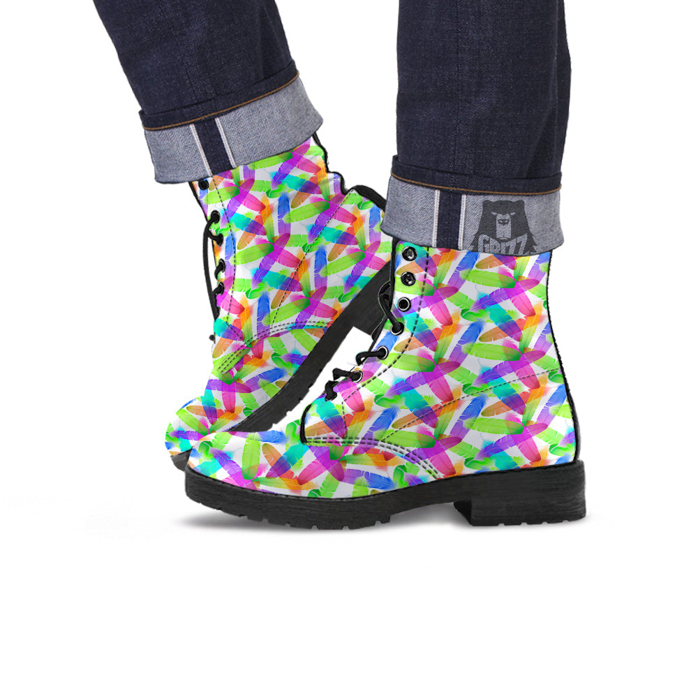 Rainbow Color Feather Print Pattern Leather Boots-grizzshop