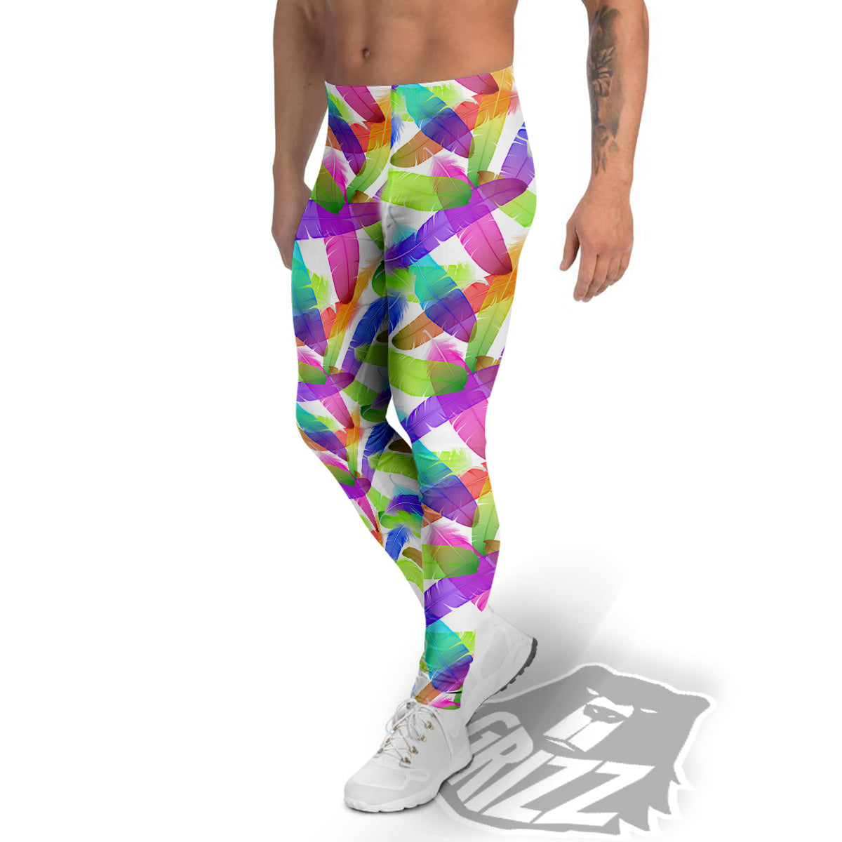Rainbow Color Feather Print Pattern Men's Leggings-grizzshop