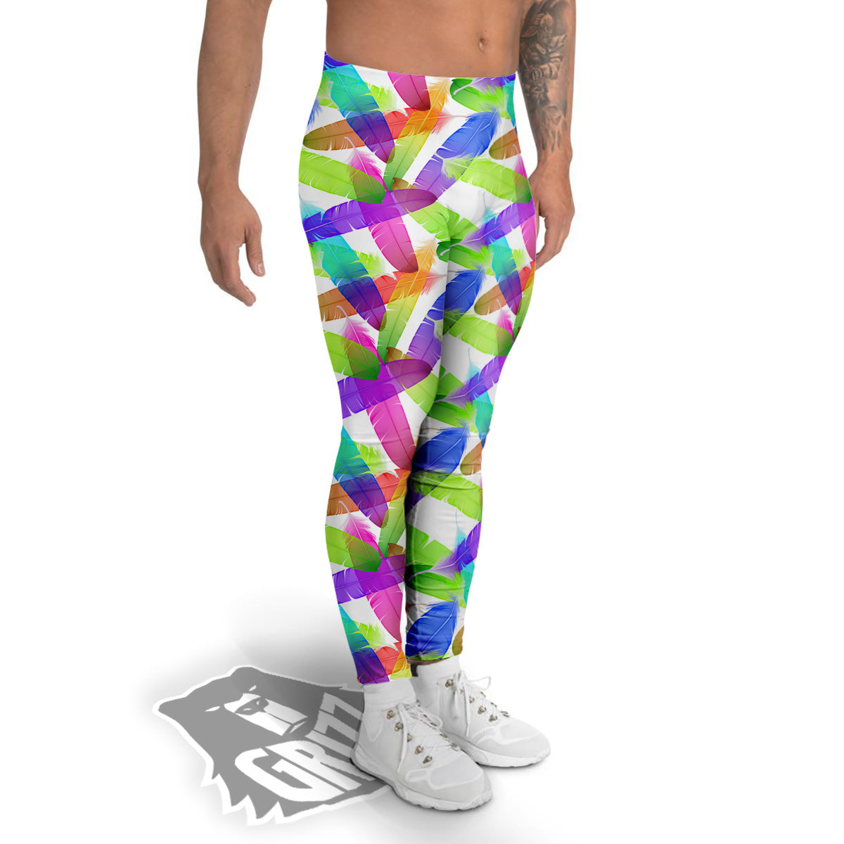 Rainbow Color Feather Print Pattern Men's Leggings-grizzshop
