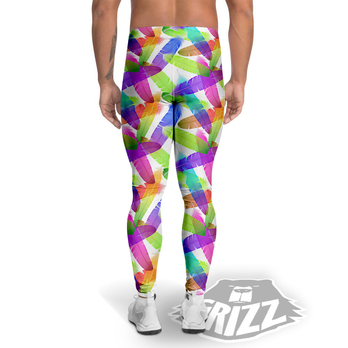 Rainbow Color Feather Print Pattern Men's Leggings-grizzshop