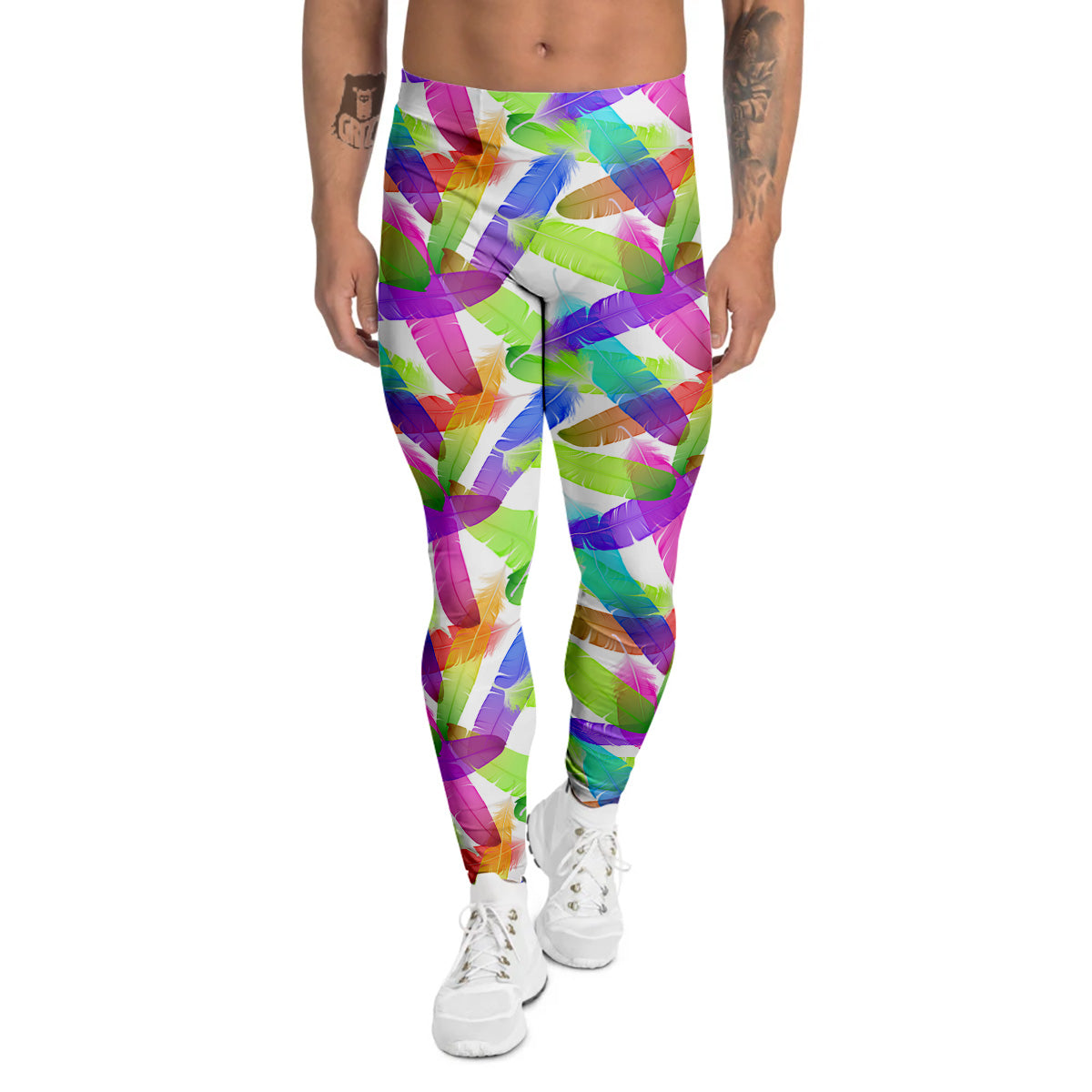 Rainbow Color Feather Print Pattern Men's Leggings-grizzshop