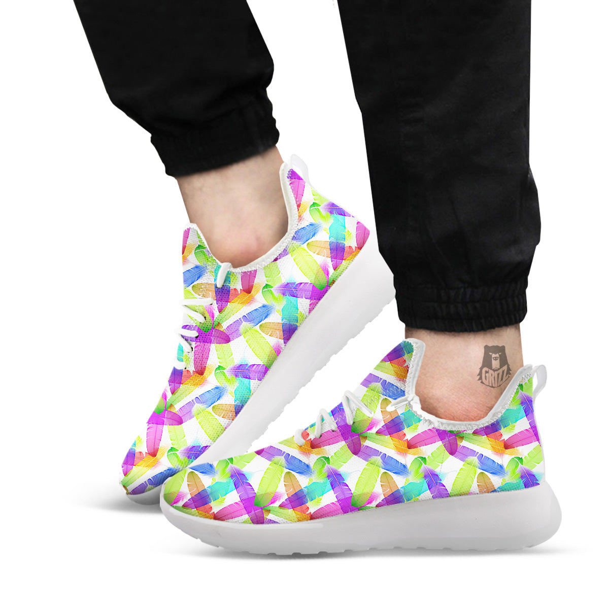 Rainbow Color Feather Print Pattern White Athletic Shoes-grizzshop