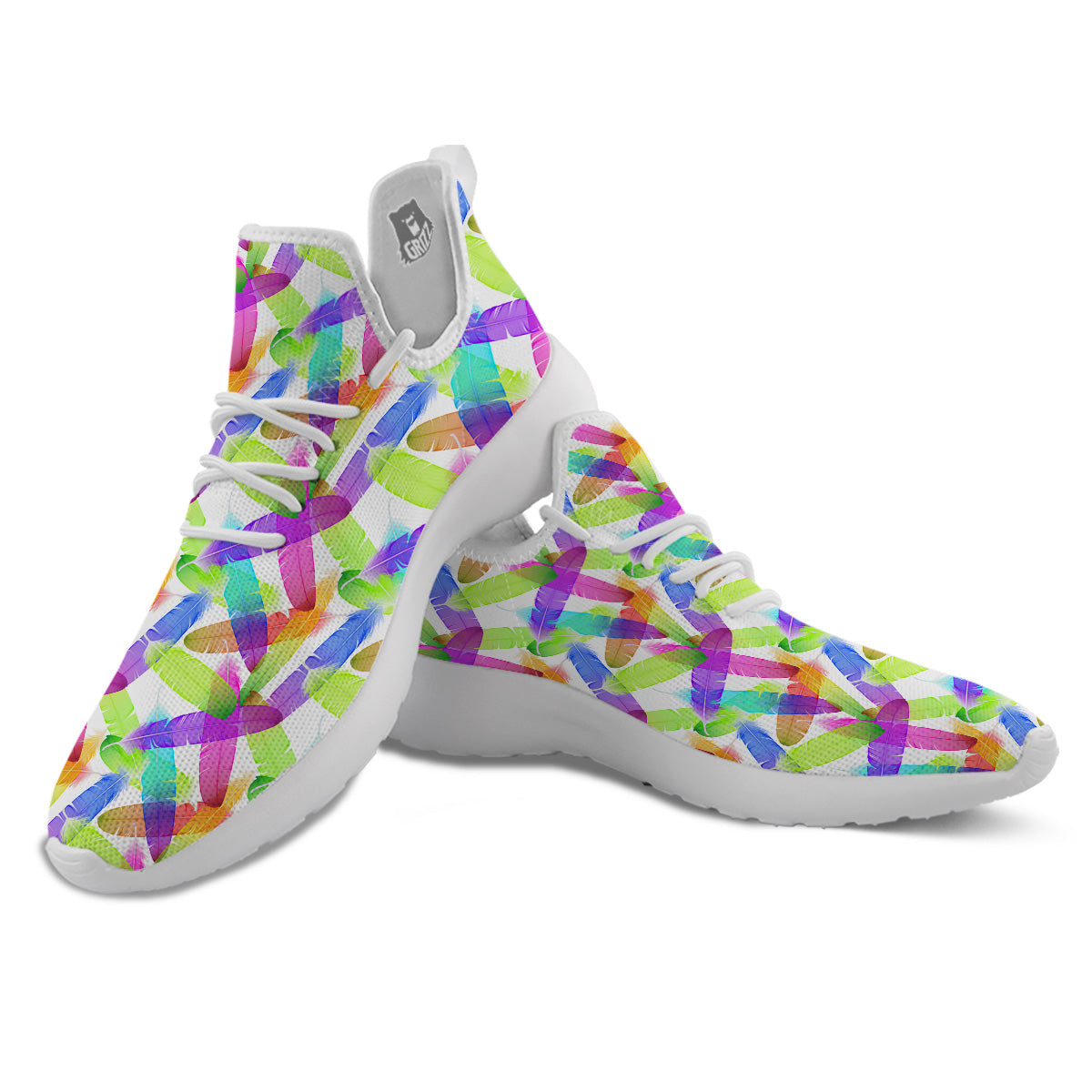 Rainbow Color Feather Print Pattern White Athletic Shoes-grizzshop