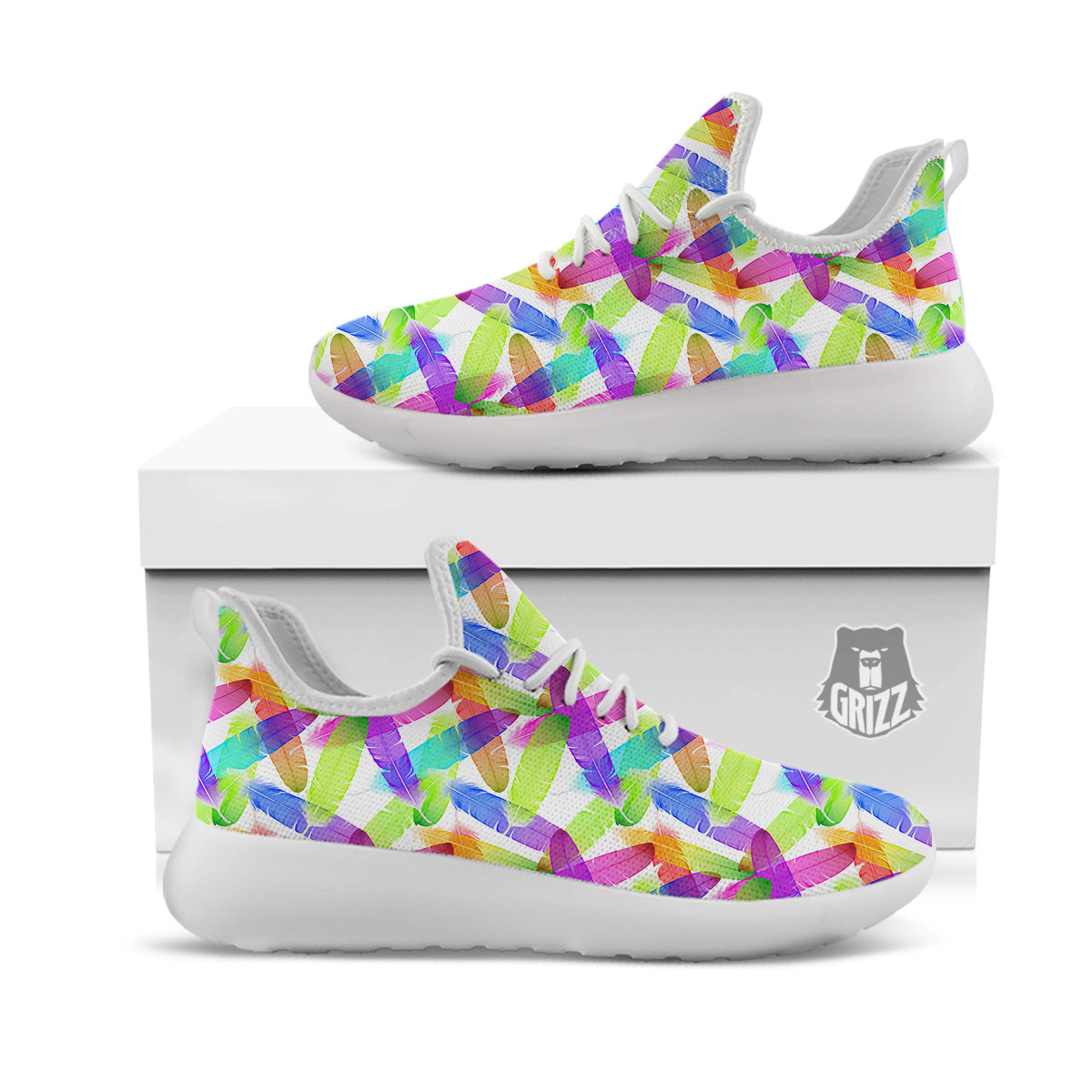 Rainbow Color Feather Print Pattern White Athletic Shoes-grizzshop