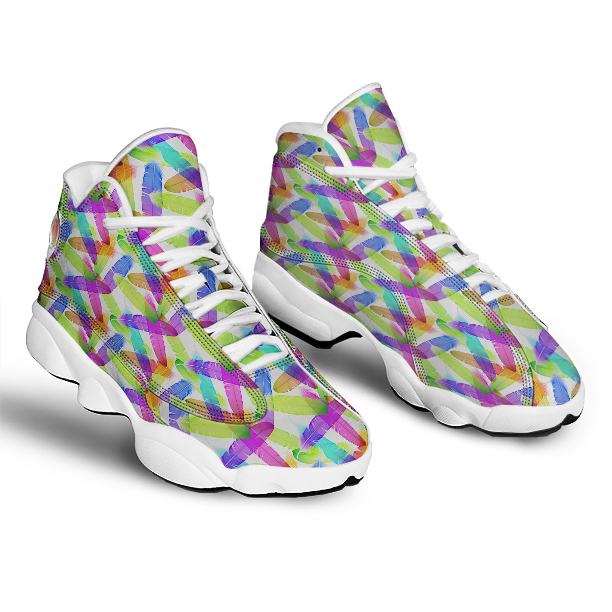 Rainbow Color Feather Print Pattern White Basketball Shoes-grizzshop