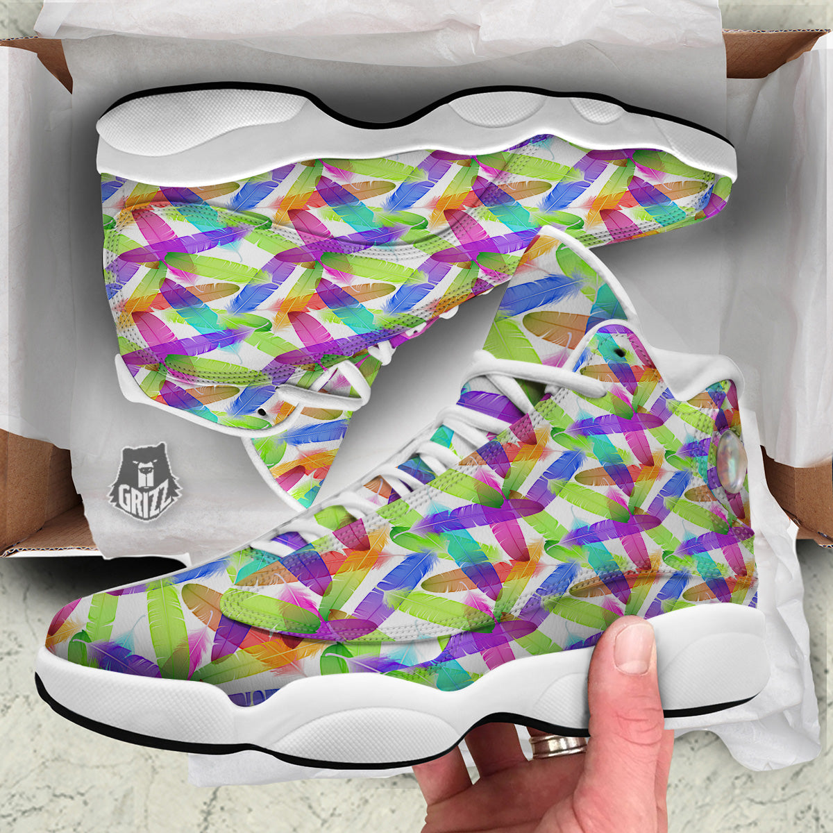 Rainbow Color Feather Print Pattern White Basketball Shoes-grizzshop