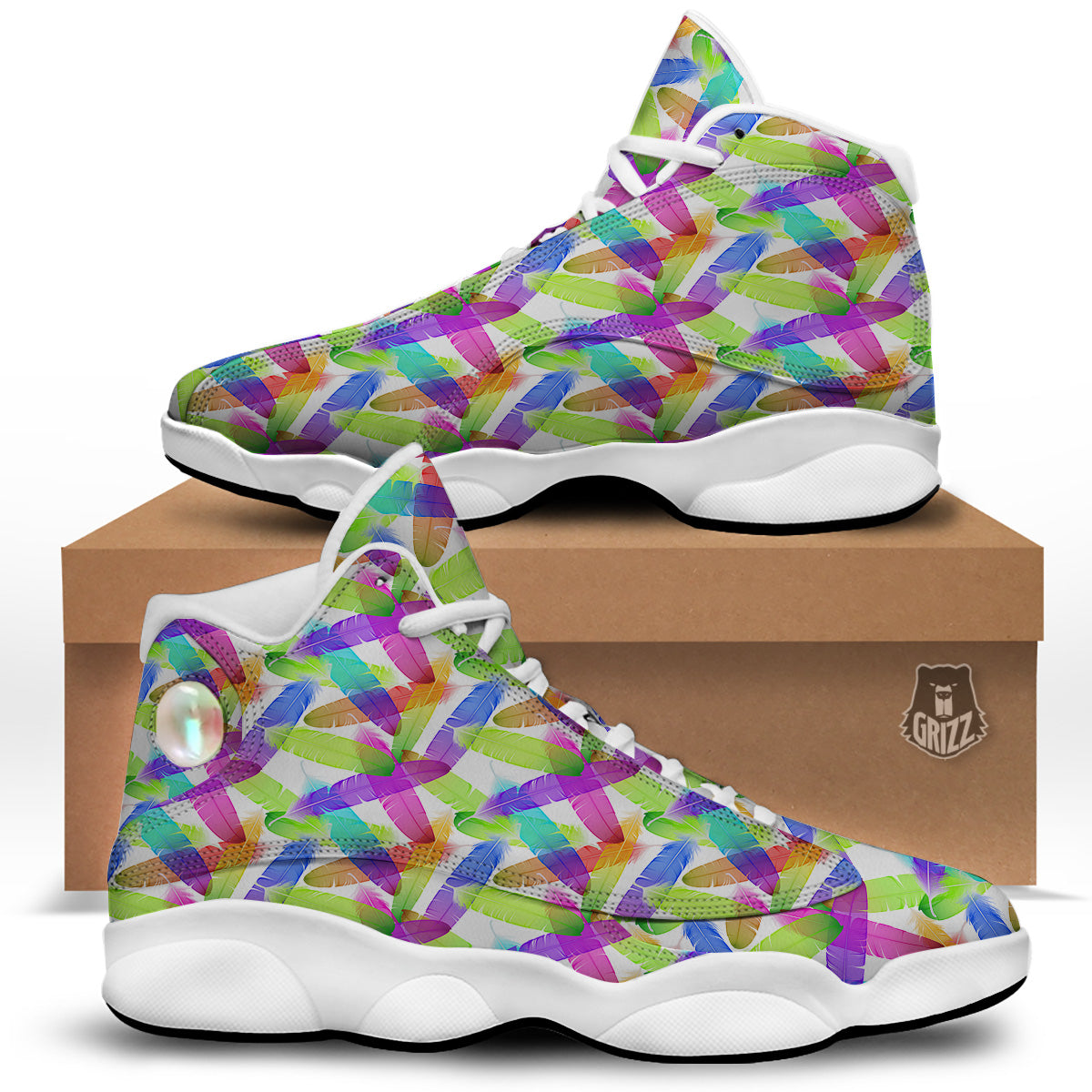 Rainbow Color Feather Print Pattern White Basketball Shoes-grizzshop