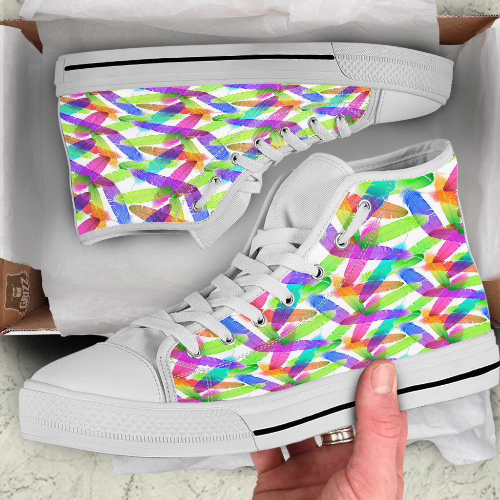 Rainbow Color Feather Print Pattern White High Top Shoes-grizzshop