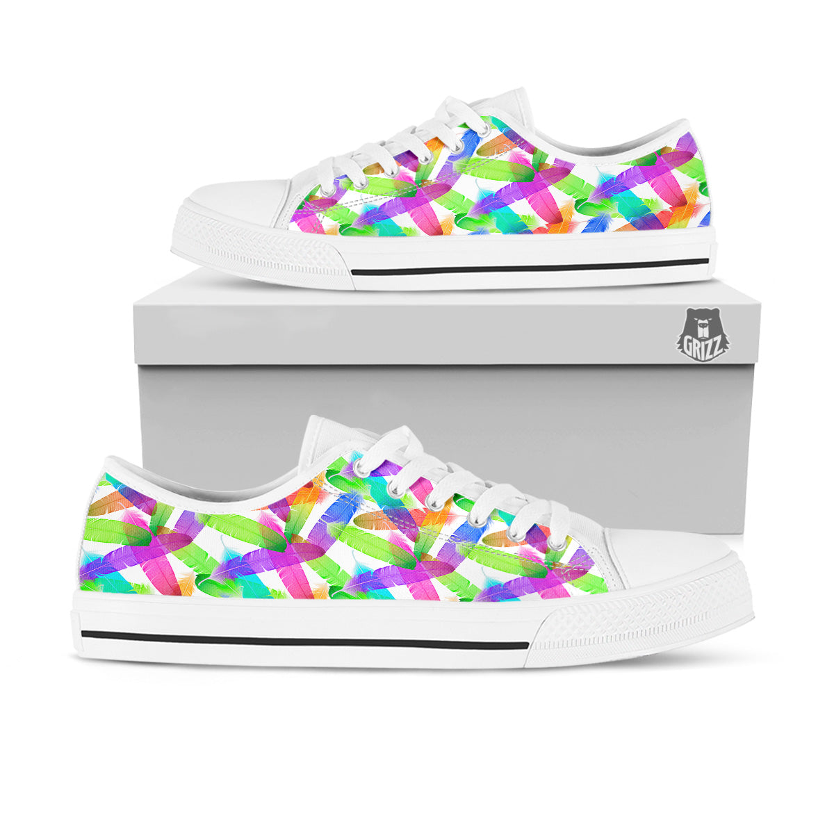 Rainbow Color Feather Print Pattern White Low Top Shoes-grizzshop