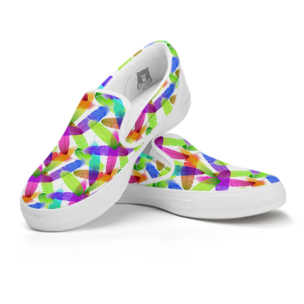 Rainbow Color Feather Print Pattern White Slip On Shoes-grizzshop