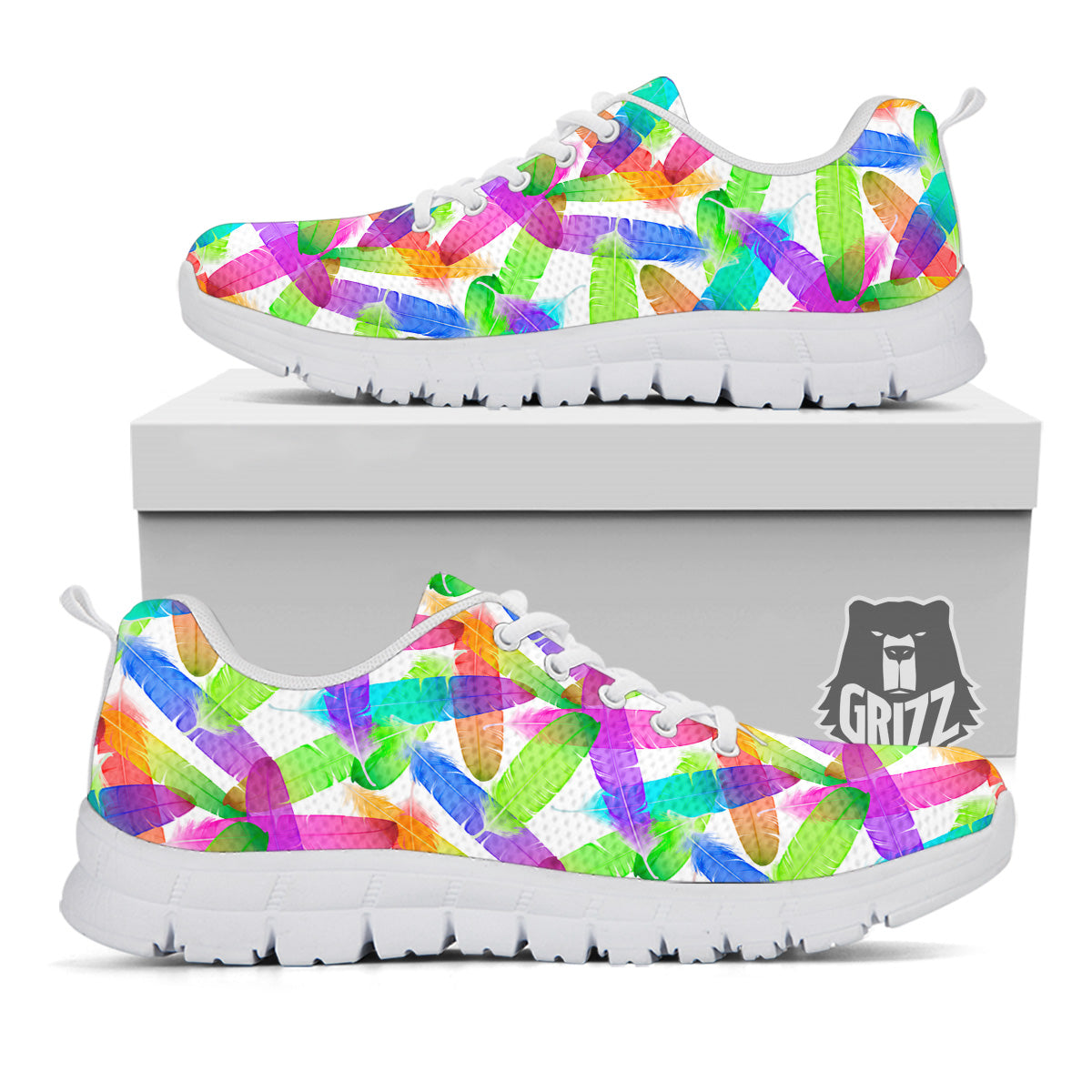 Rainbow Color Feather Print Pattern White Sneaker-grizzshop