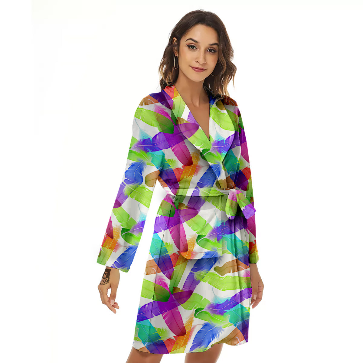 Rainbow Color Feather Print Pattern Women's Robe-grizzshop