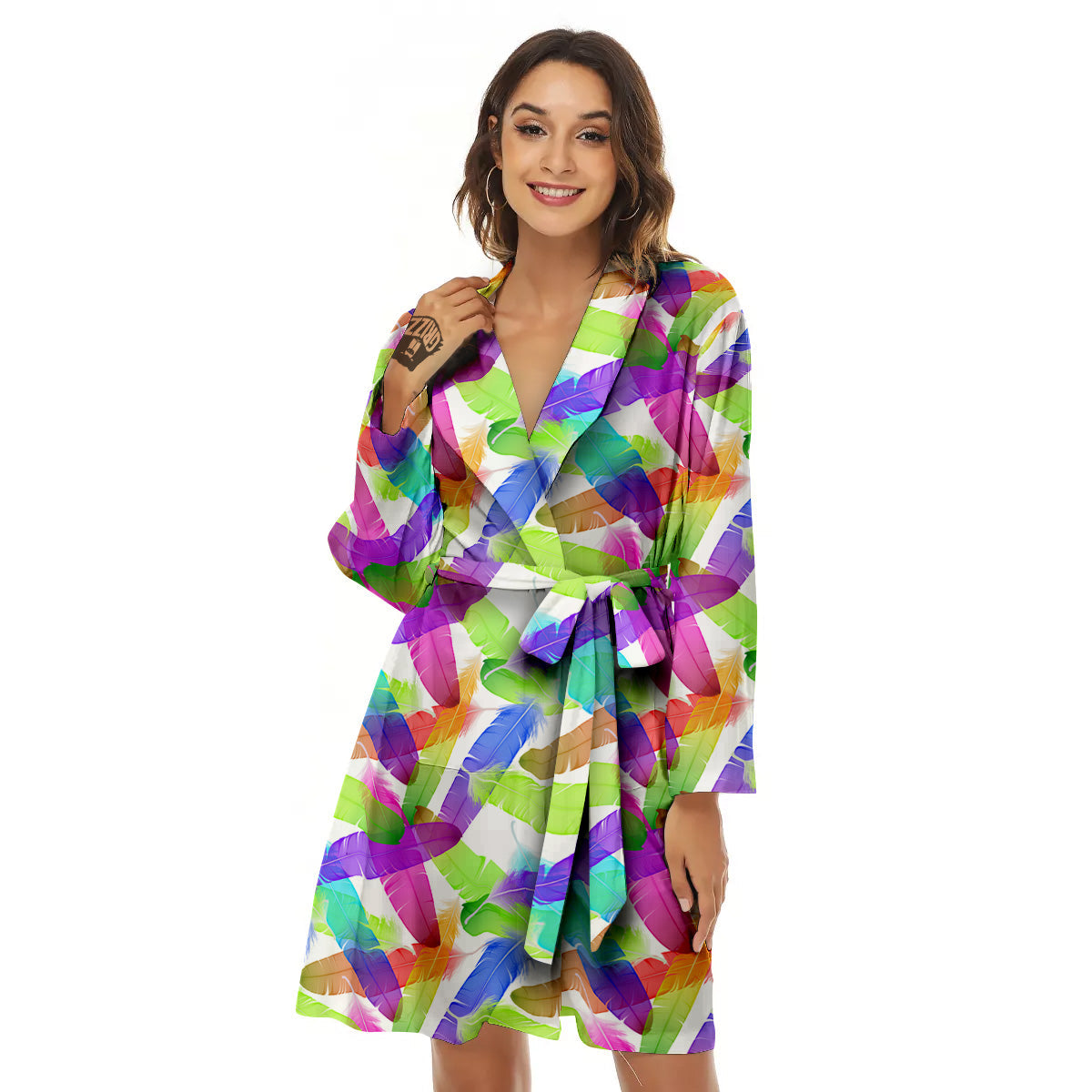 Rainbow Color Feather Print Pattern Women's Robe-grizzshop