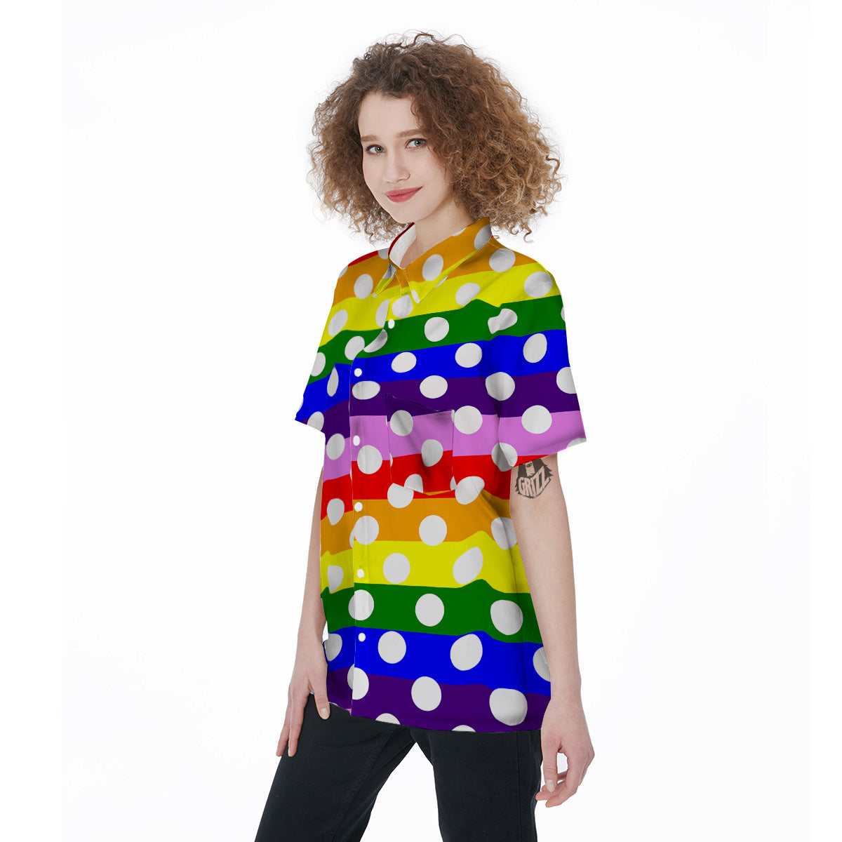 Rainbow Color LGBT Polka Dot Print Pattern Women's Short Sleeve Shirts-grizzshop