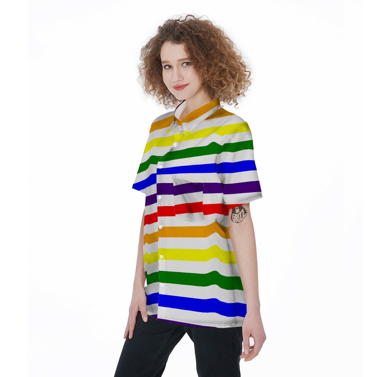 Rainbow Color LGBT Striped Print Women's Short Sleeve Shirts-grizzshop