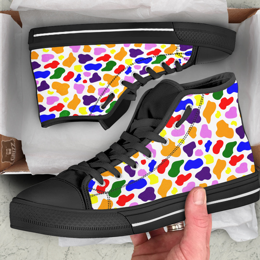Rainbow Cow Print Pattern Black High Top Shoes-grizzshop