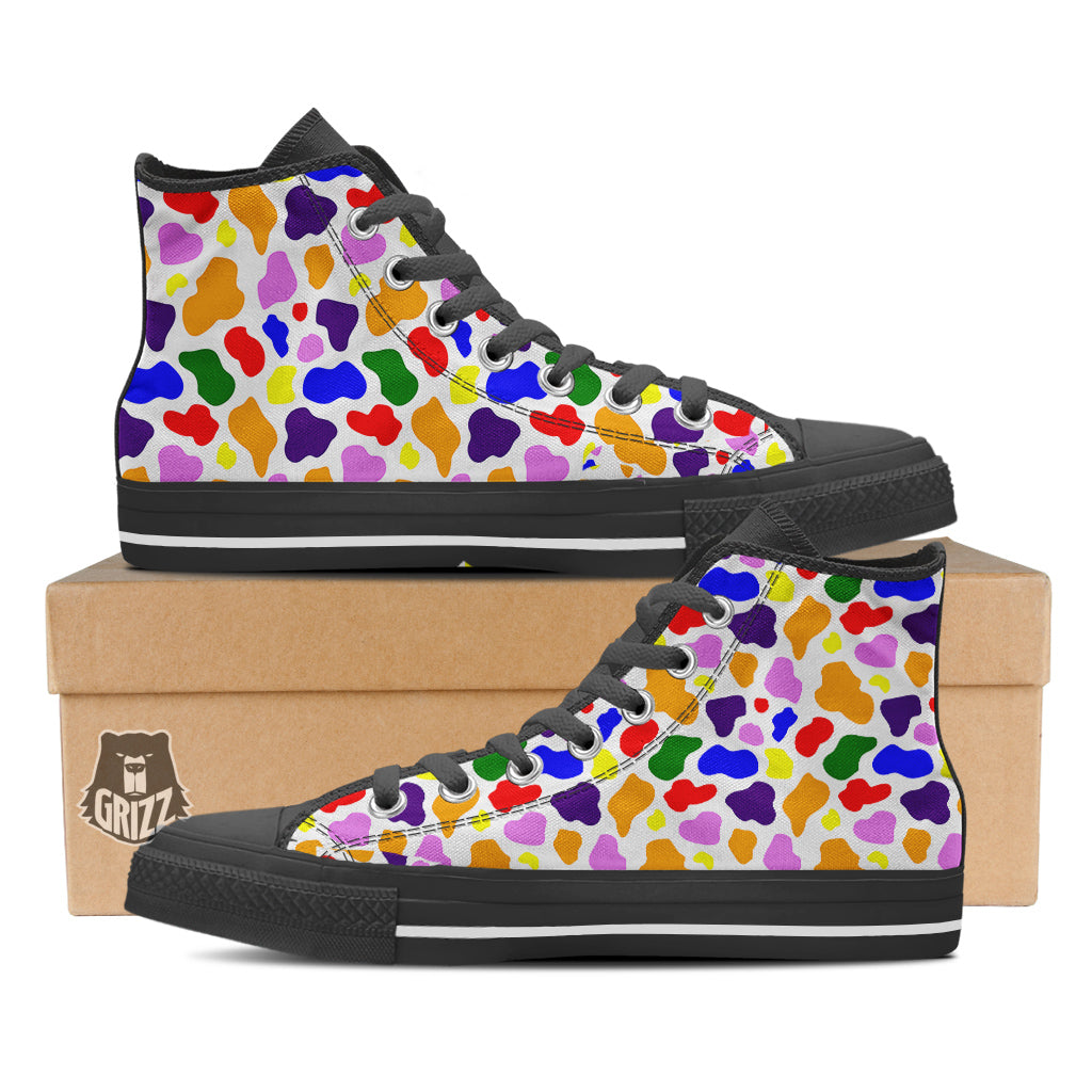 Rainbow Cow Print Pattern Black High Top Shoes-grizzshop