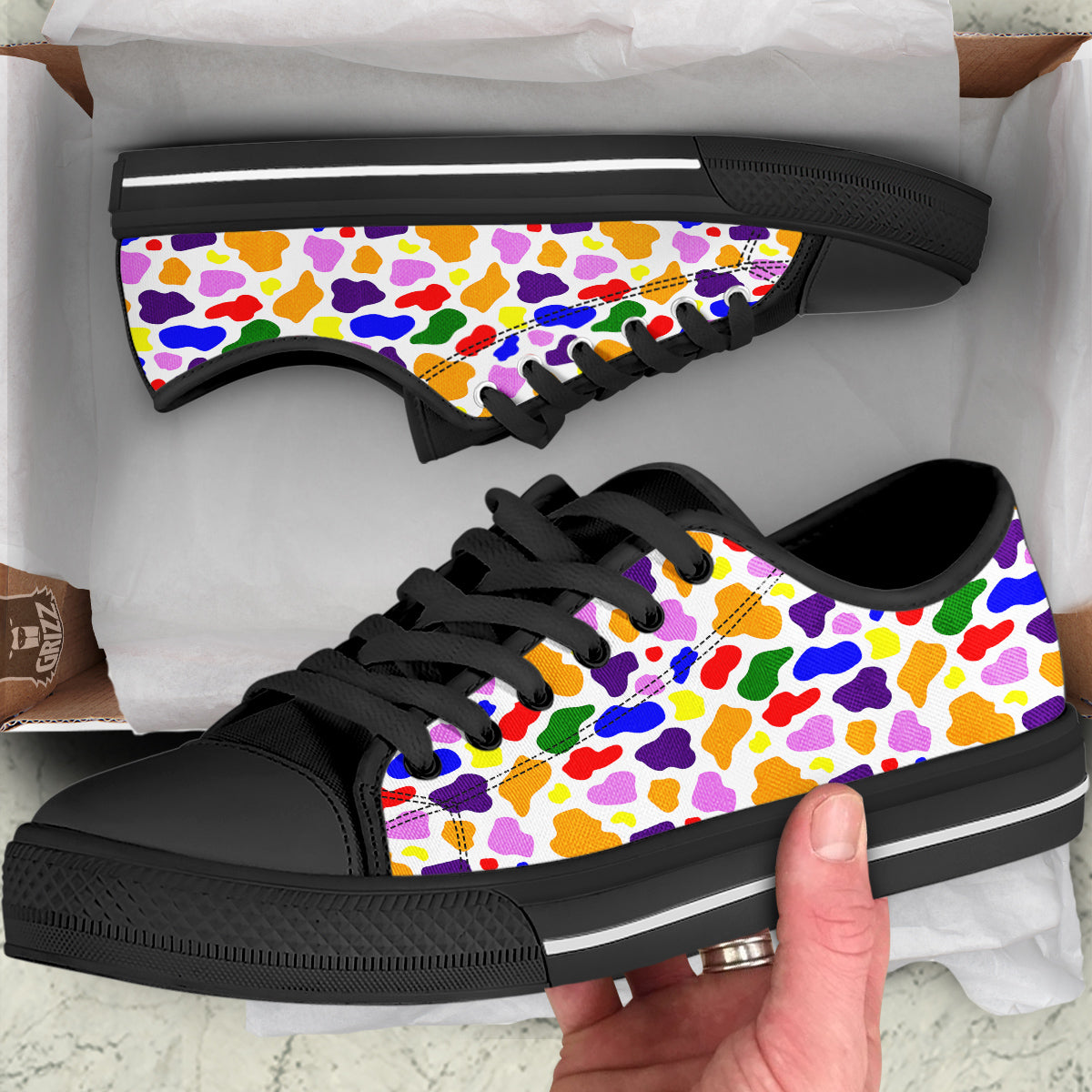 Rainbow Cow Print Pattern Black Low Top Shoes-grizzshop
