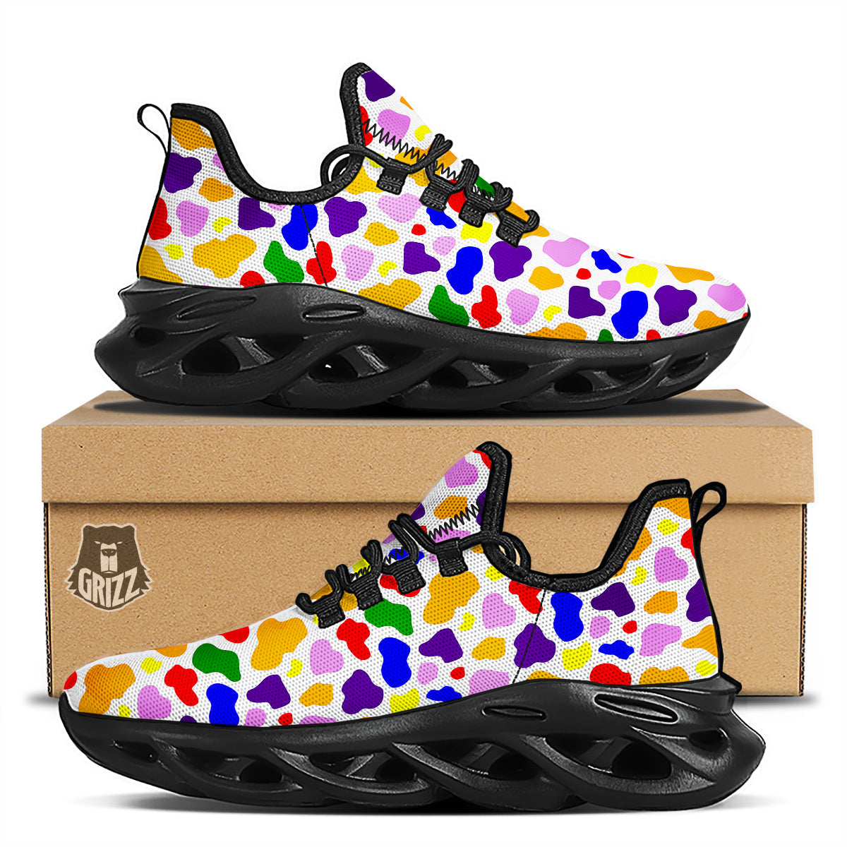 Rainbow Cow Print Pattern Black Running Shoes-grizzshop