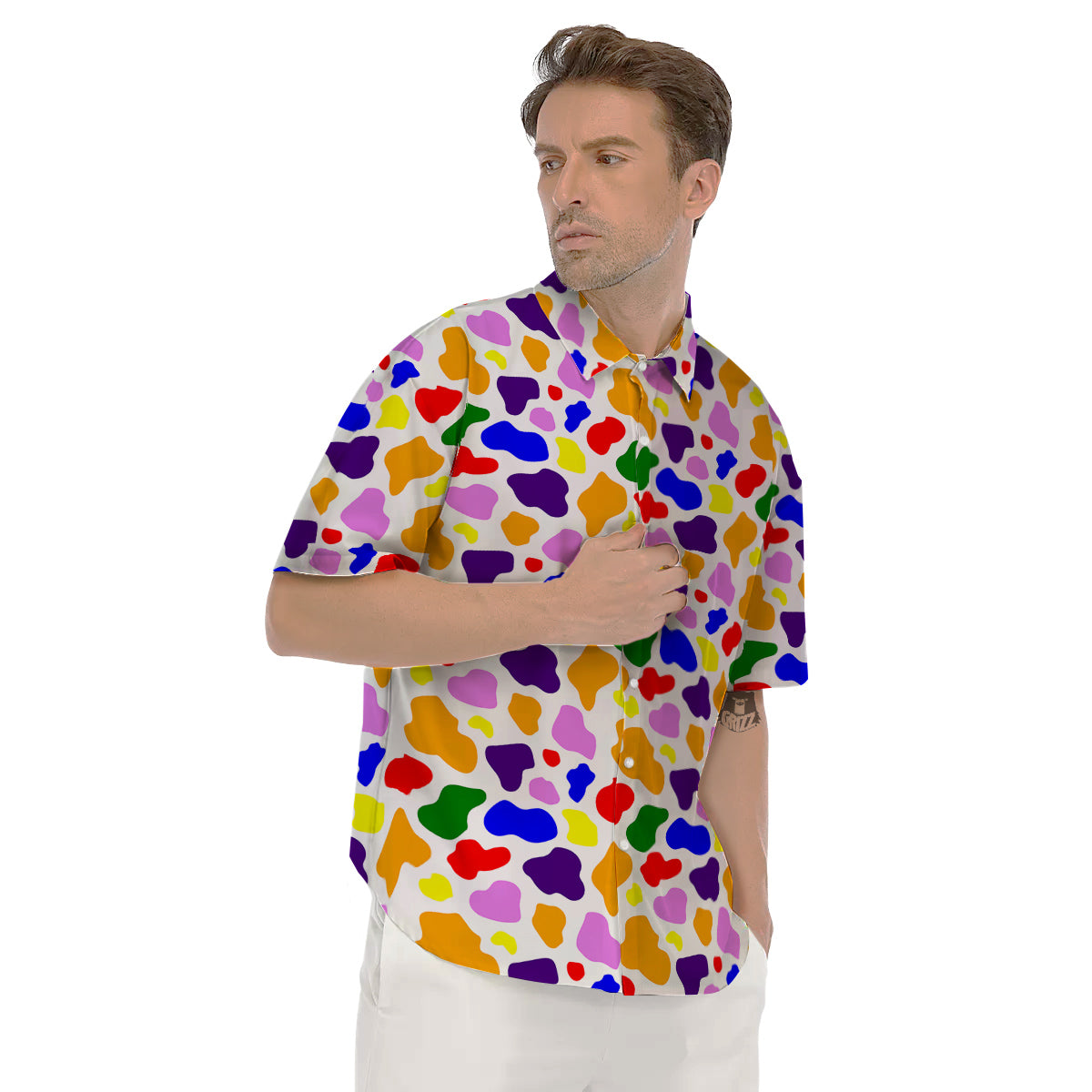 Rainbow Cow Print Pattern Men's Short Sleeve Shirts-grizzshop