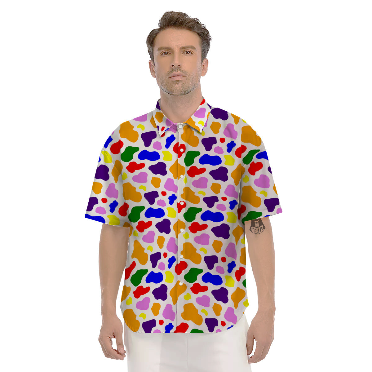 Rainbow Cow Print Pattern Men's Short Sleeve Shirts-grizzshop