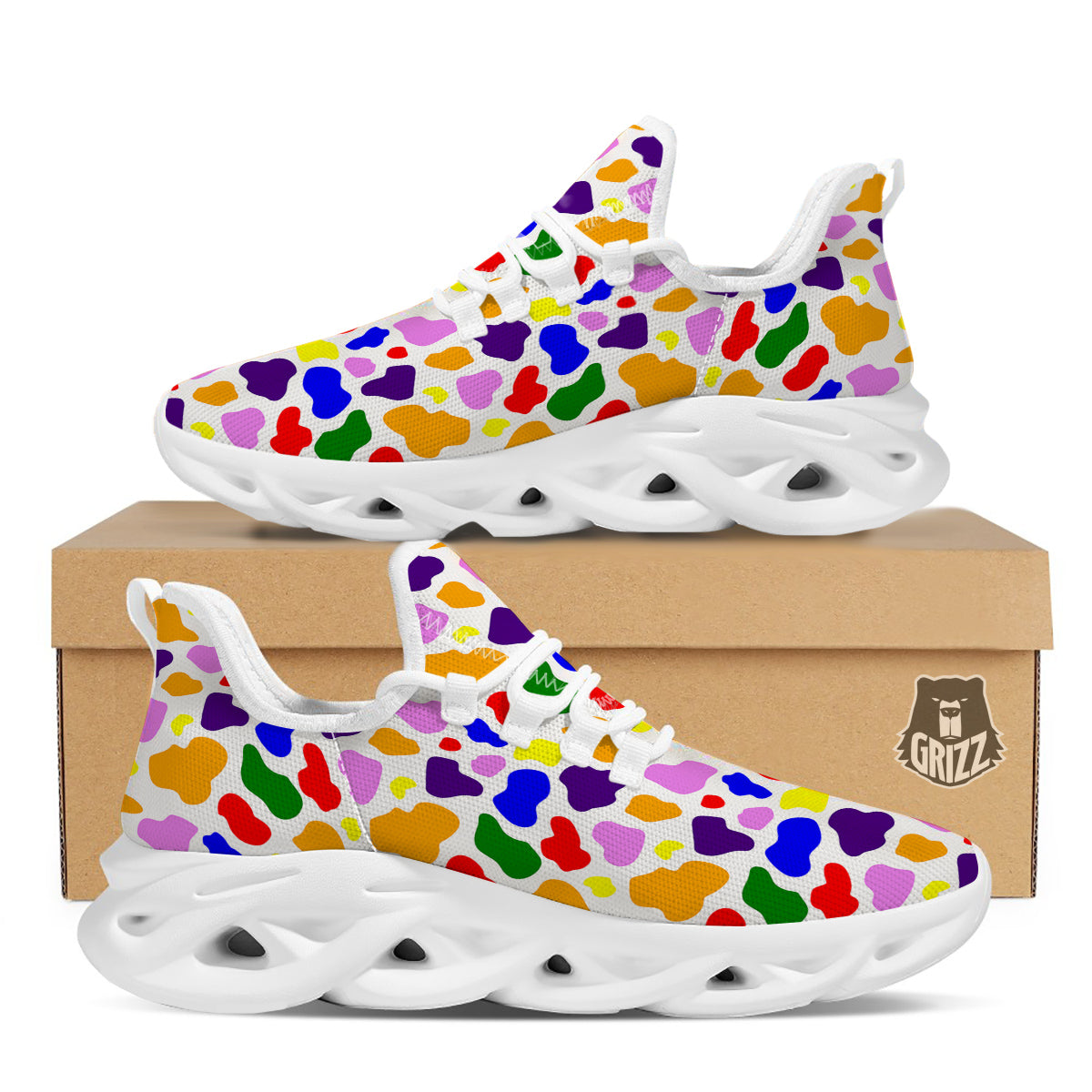 Rainbow Cow Print Pattern White Running Shoes-grizzshop