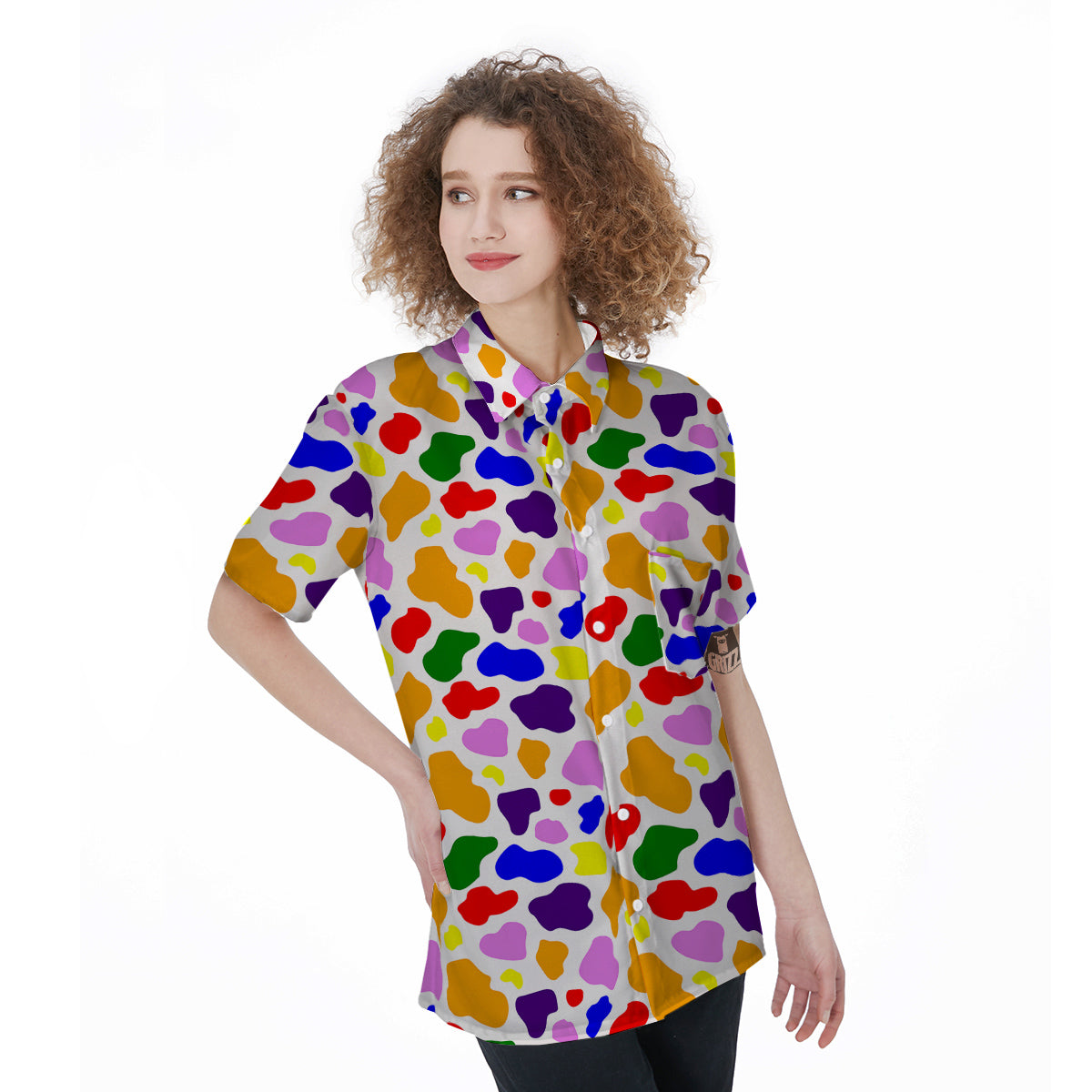Rainbow Cow Print Pattern Women's Short Sleeve Shirts-grizzshop