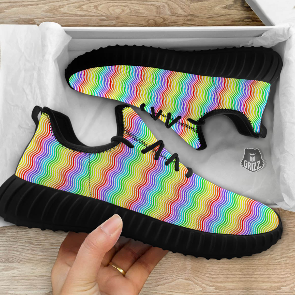 Rainbow Curved Print Pattern Black Walking Shoes-grizzshop