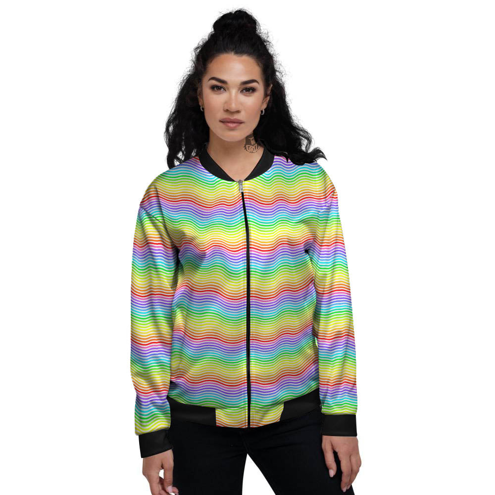 Rainbow Curved Print Pattern Women's Bomber Jacket-grizzshop