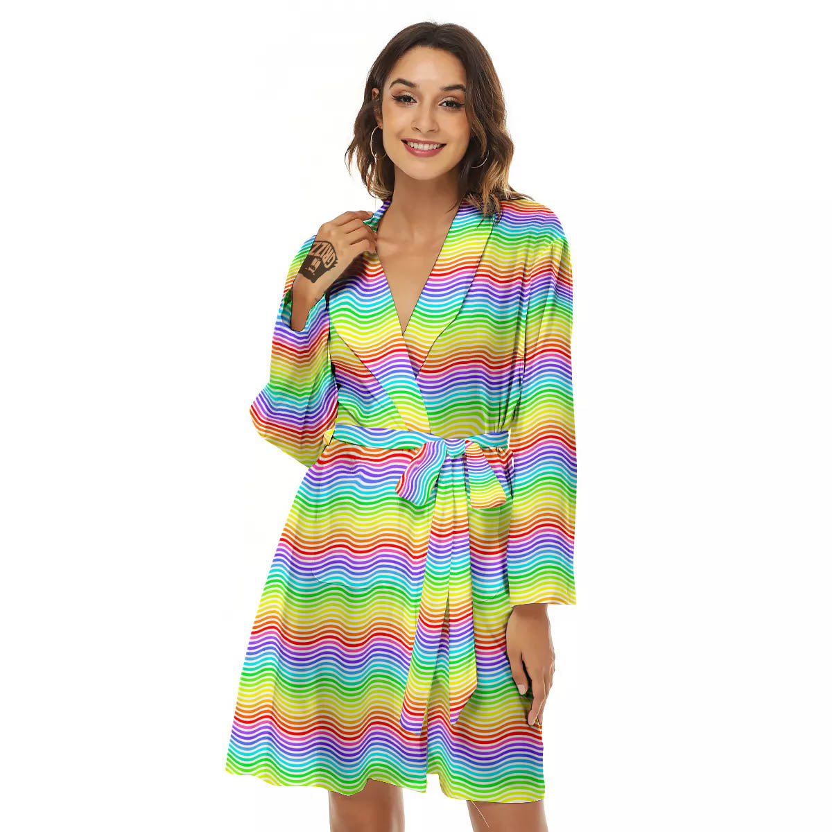 Rainbow Curved Print Pattern Women's Robe-grizzshop