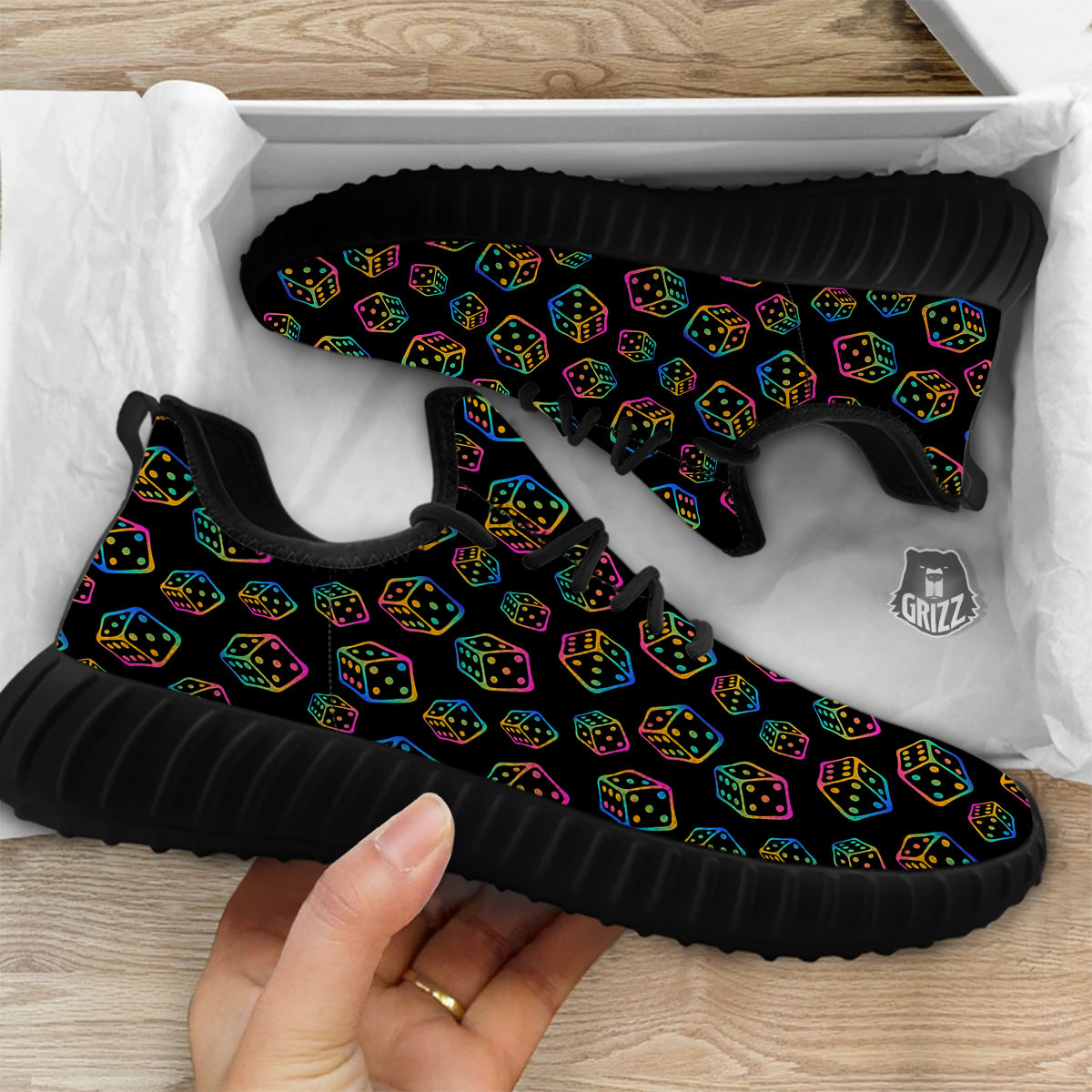 Rainbow Dice Print Pattern Black Walking Shoes-grizzshop